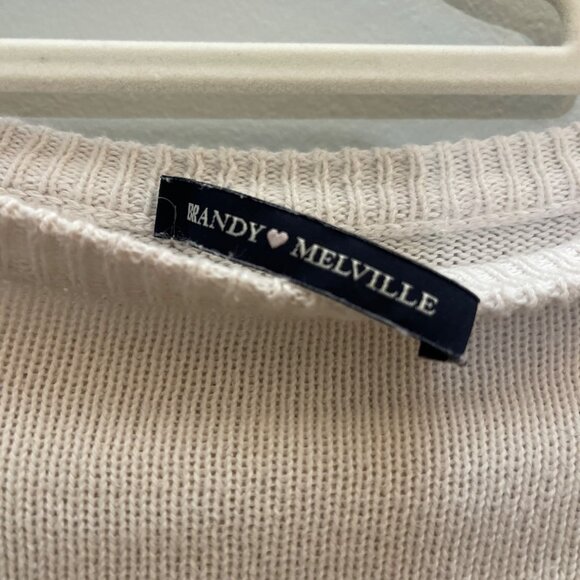 Brandy Melville White Sweater With Red & Blue Stripe Cropped Fit Knit Fabric - Picture 2 of 8